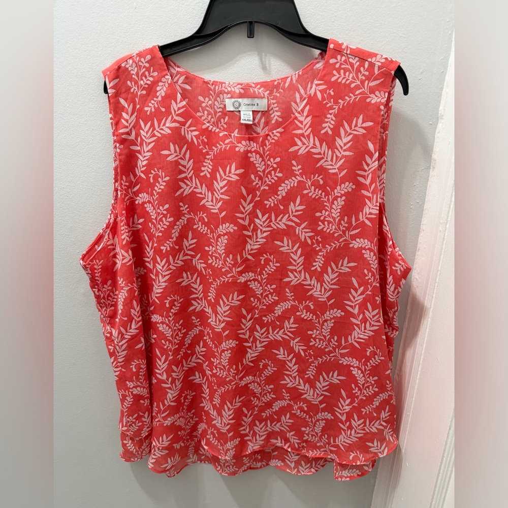 Cristina B Coral and White Leaf-Print Sleeveless Tank